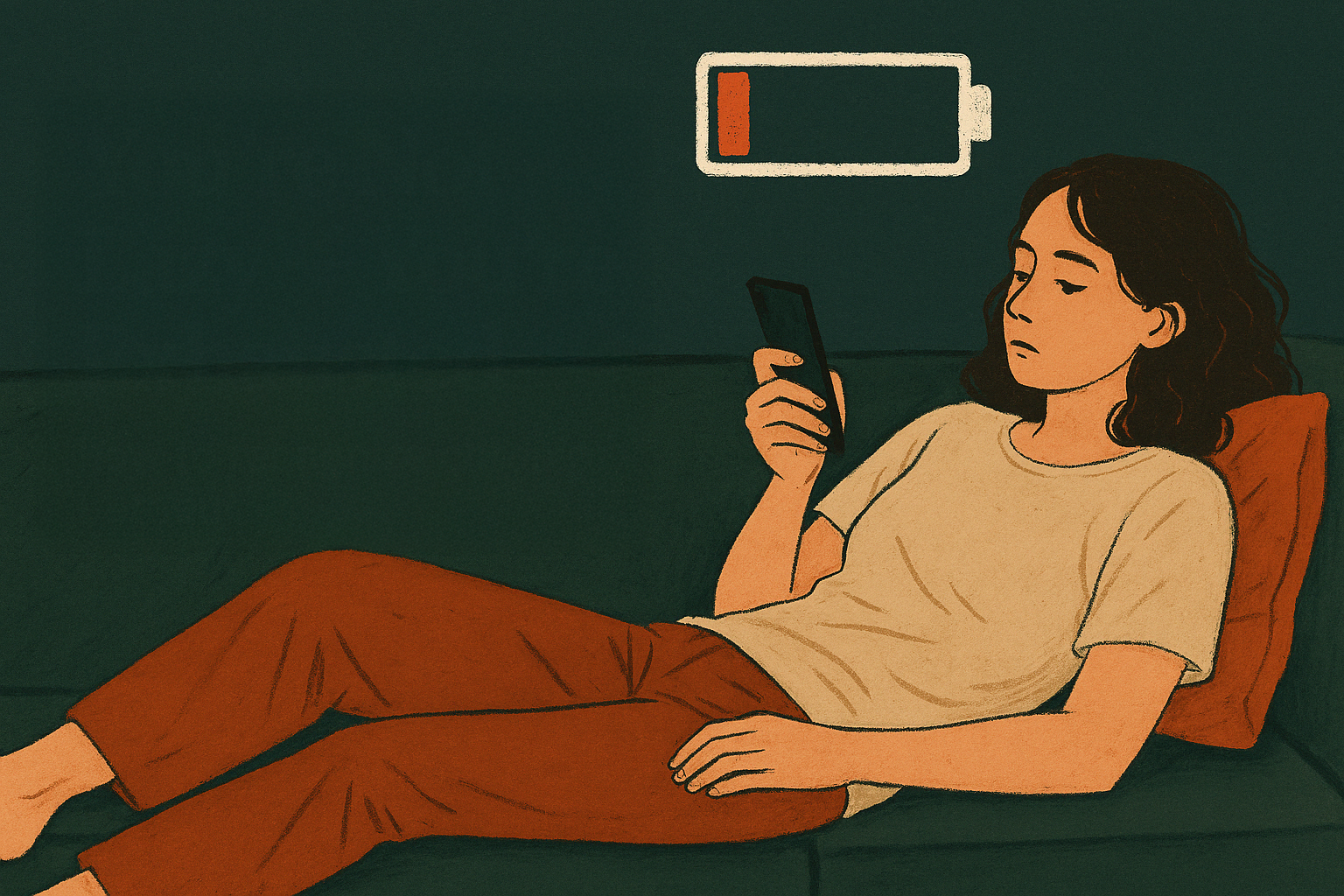 Illustration of a tired woman sitting on the floor with a drained battery icon, next to the title “You’re Not Lazy — You’re Burned Out”.