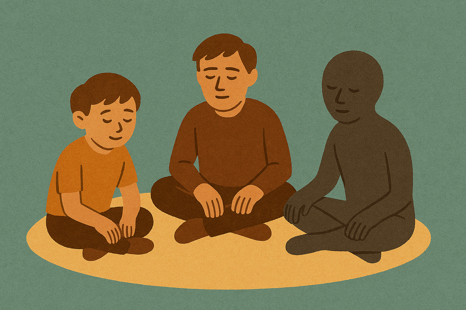 Illustration of three versions of the same person — a child, an adult, and a shadowy figure — sitting together in a circle, symbolizing internal dialogue and integration.