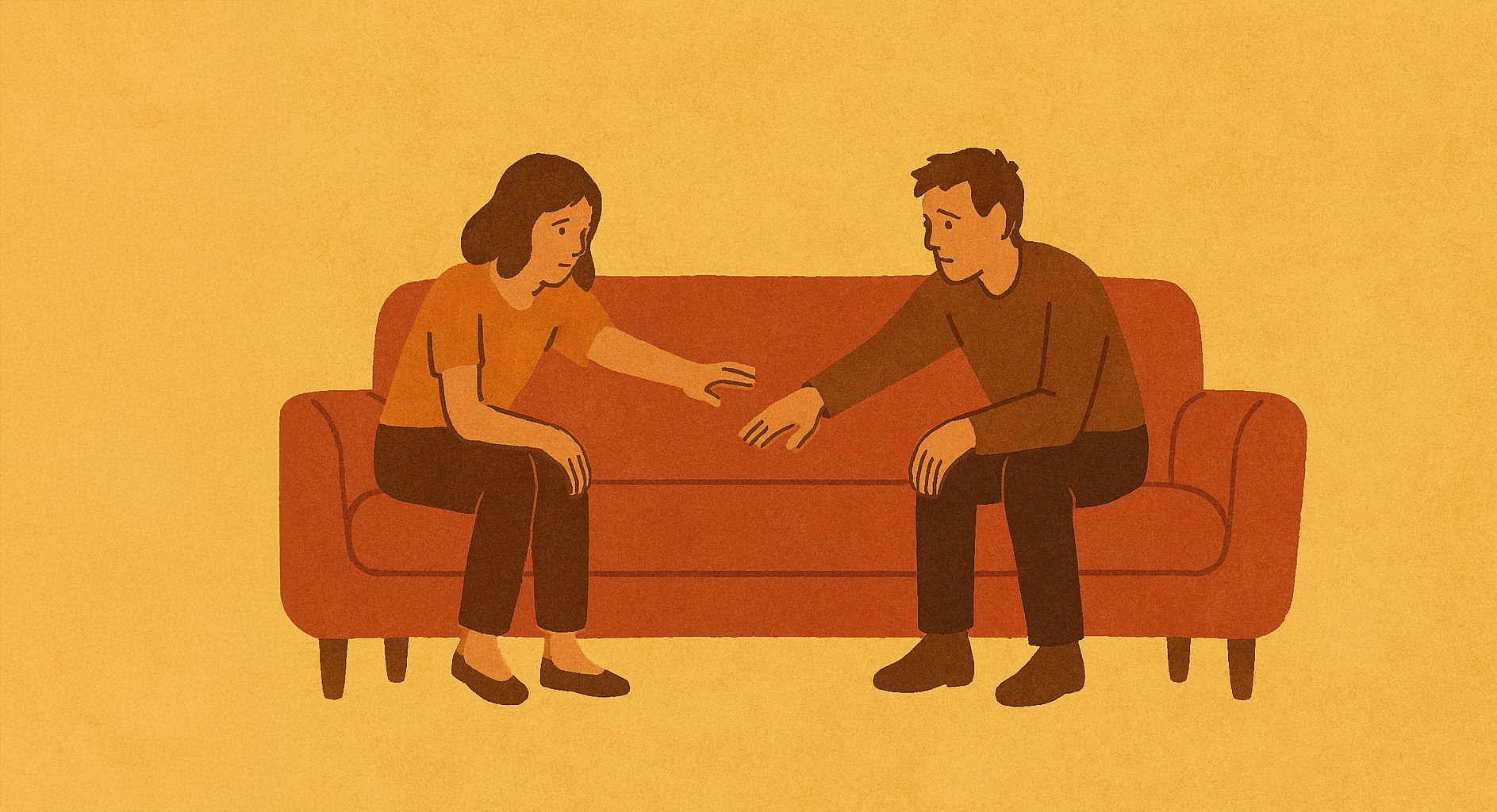 Illustration of two people on opposite sides of a couch, reaching toward each other but not touching, symbolizing emotional distance and longing for connection.
