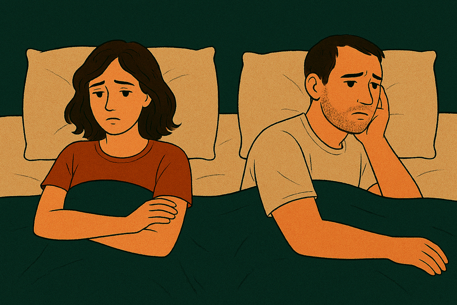 Illustration of a man and woman lying on opposite sides of a bed, both thoughtful and vulnerable, with soft lighting and the title “How Your Inner Child Affects Your Sex Life”.